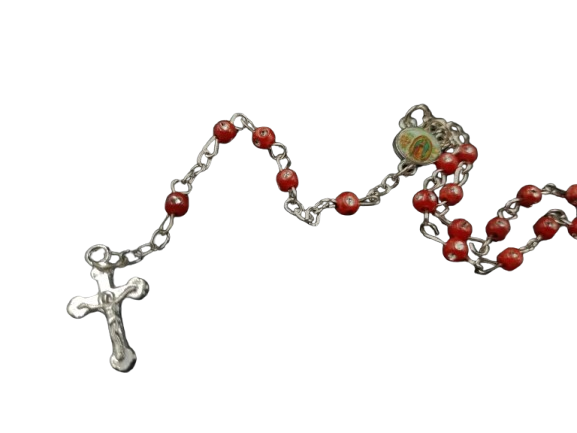 12 Rosary in Glass Bible Cross Red Beads CATHOLIC Mary Crucifix Necklace Bottle