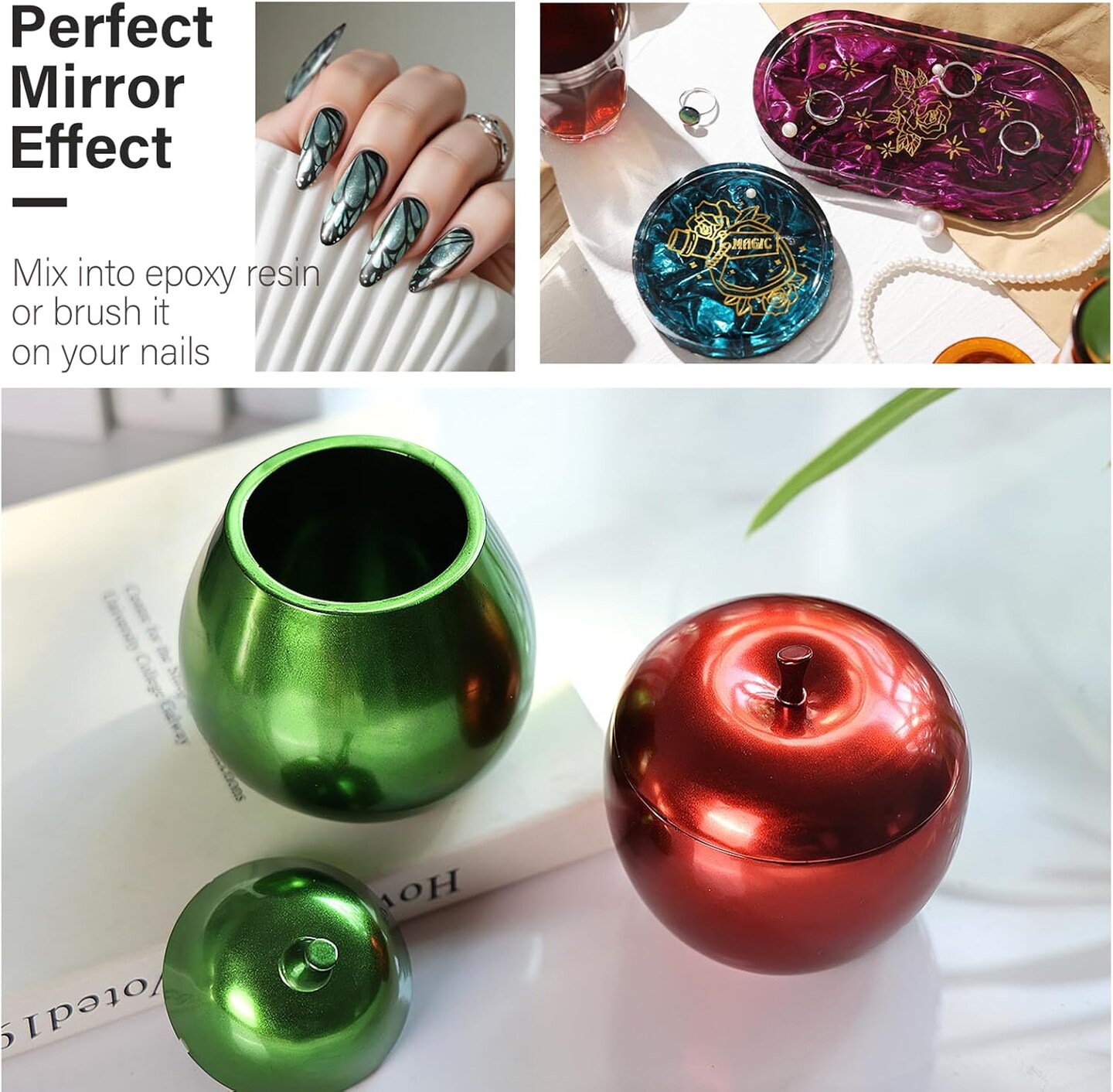 LET&#x27;S RESIN Chrome Powder, 10 Colors Metallic Mirror Effect Chrome Powder for Nail, Holographic Pigment for Epoxy Resin, Slime, Crafting, Oil Painting
