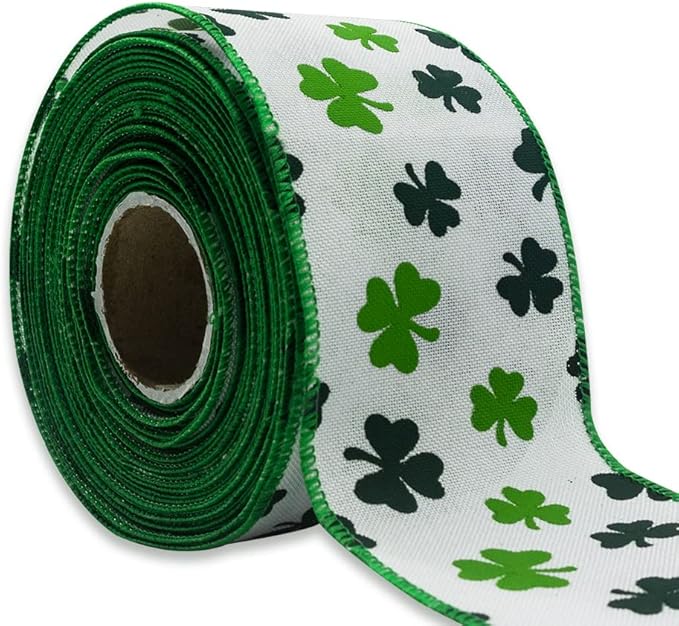 Saint Patrick&#x27;s Day Fabric Ribbons, Green Clovers Edge Wired Burlap Ribbon for St Patrick Day Decor Irish Hanging Wrapping Party Gift Decoration Outdoor Crafts Supplies (2.5 Inch * 10 Yards * 1 Roll)