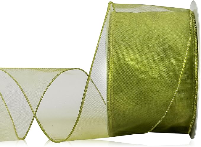 Moss Green Crinkled Sheer St. Patrick's Day Ribbon 2.5" x 25 Yards Wired Carnival Ribbon for Carnival Bow Making Decorations Gift Wrapping Floral Bouquets Holiday Carnival Party Supplies