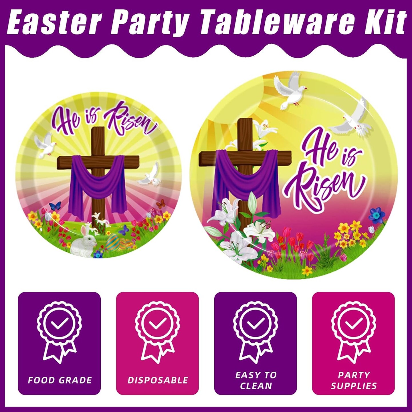 96 Pcs Easter He is Risen Paper Plates Napkins, Easter Religious Inspiring Party Decorations Supplies Disposable Dinnerware Tableware Set, Serves 24