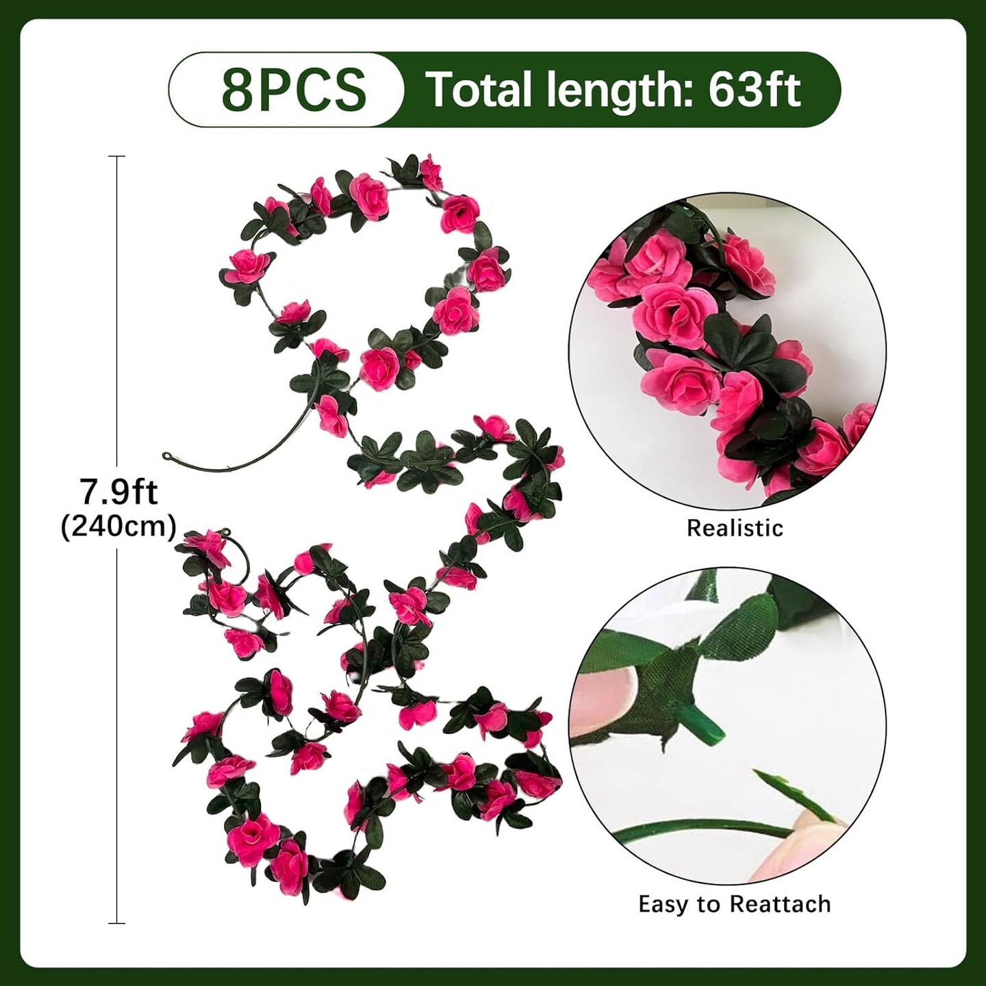 8Pcs 63Ft Fuchsia Rose Garland, Fake Flower Vines, Artificial Vine Flowers, Rose Hanging Garland for Party Wedding, Garden, Room Table, Christmas, Backdrop Wall Arch Decor