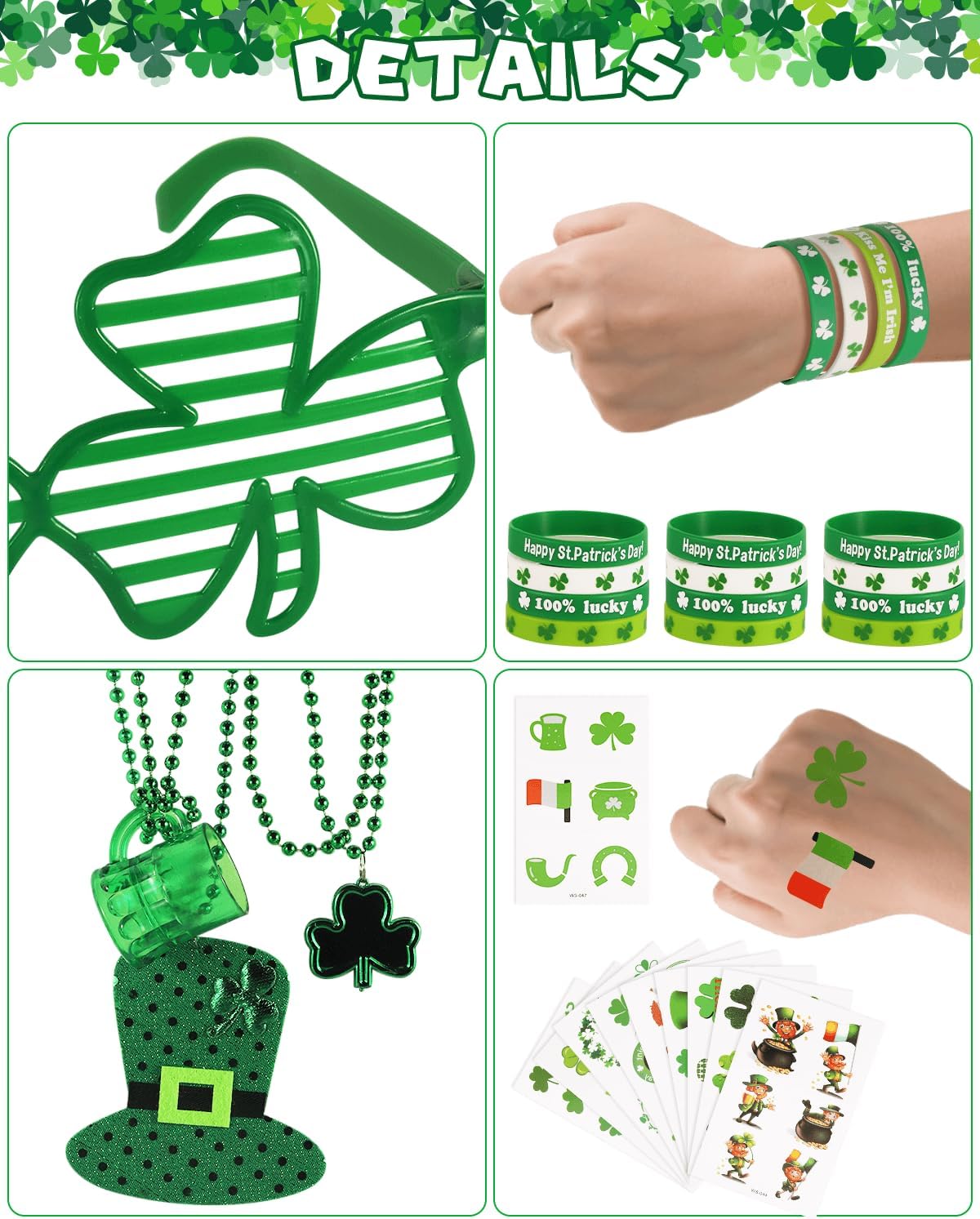St. Patrick&#x27;s Day Party Favor Set, St. Patrick&#x27;s Day Novelty Jewelry Assortment with Headband Necklace Bracelet Glasses Tattoo Stickers Accessories Kiss Me I&#x27;m Irish Sash for Irish Party D&#xE9;cor
