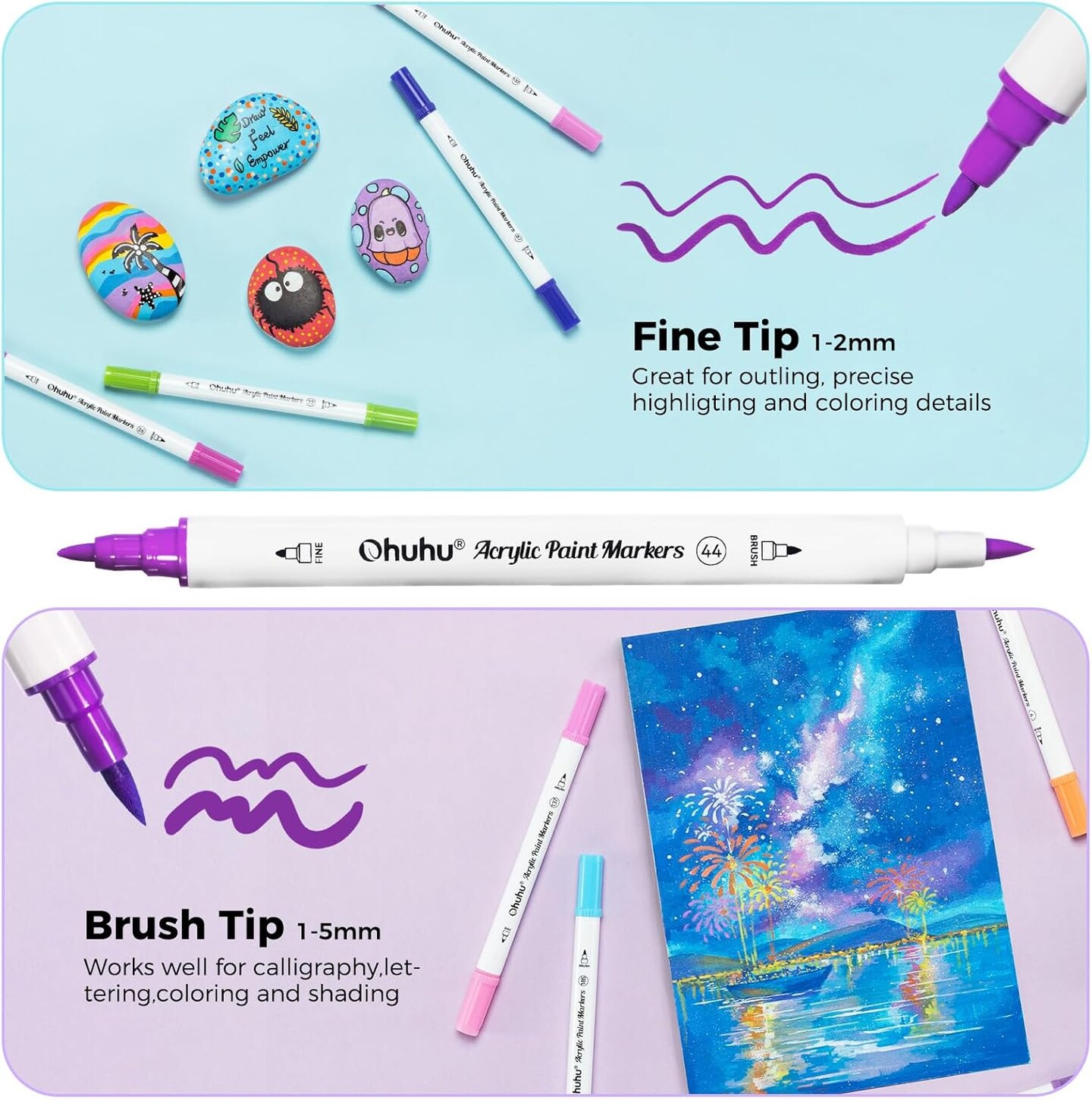 Ohuhu Acrylic Paint Markers Cotton-core: 36 Colors Dual Tips Paint Pens High Opacity Acrylic Markers Waterproof Lightfast for Rock Painting Easter Eggs Wood Glass Ceramic Canvas- Brush &#x26; Dot/ Fine &#x26; Dot/ Brush &#x26; Fine