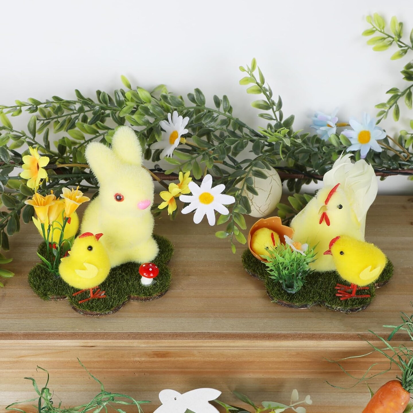 Easter Bunny & Chicken Table Decor, 2 Pcs Small Chicks and Rabbit Flocked Figurines with Artificial Flowers