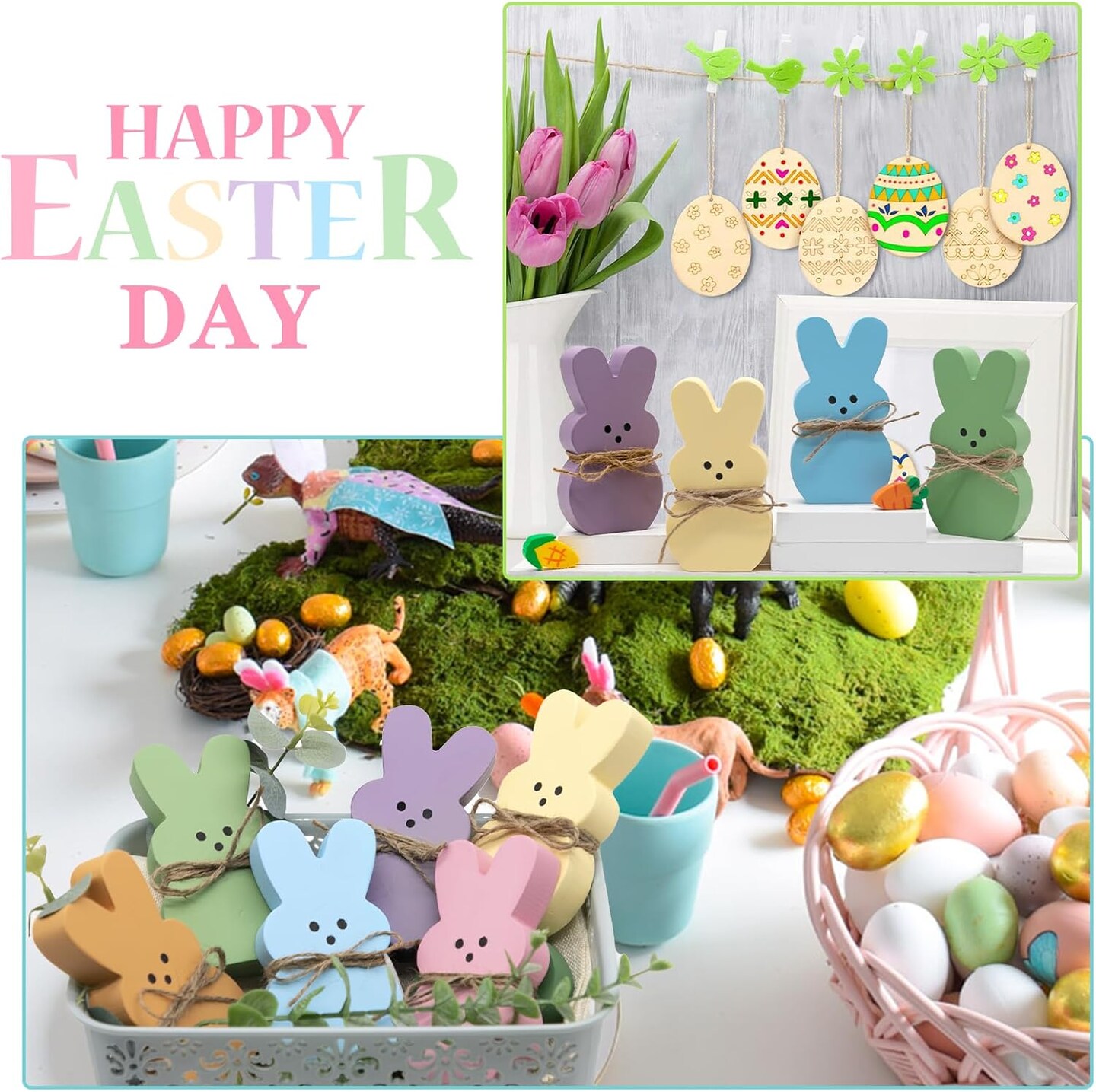 Easter Decorations - 6PCS Wood Bunny Peeps Easter Tiered Tray Decor Signs