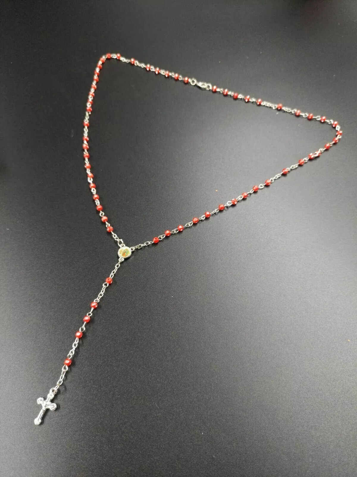 12 Rosary in Glass Bible Cross Red Beads CATHOLIC Mary Crucifix Necklace Bottle