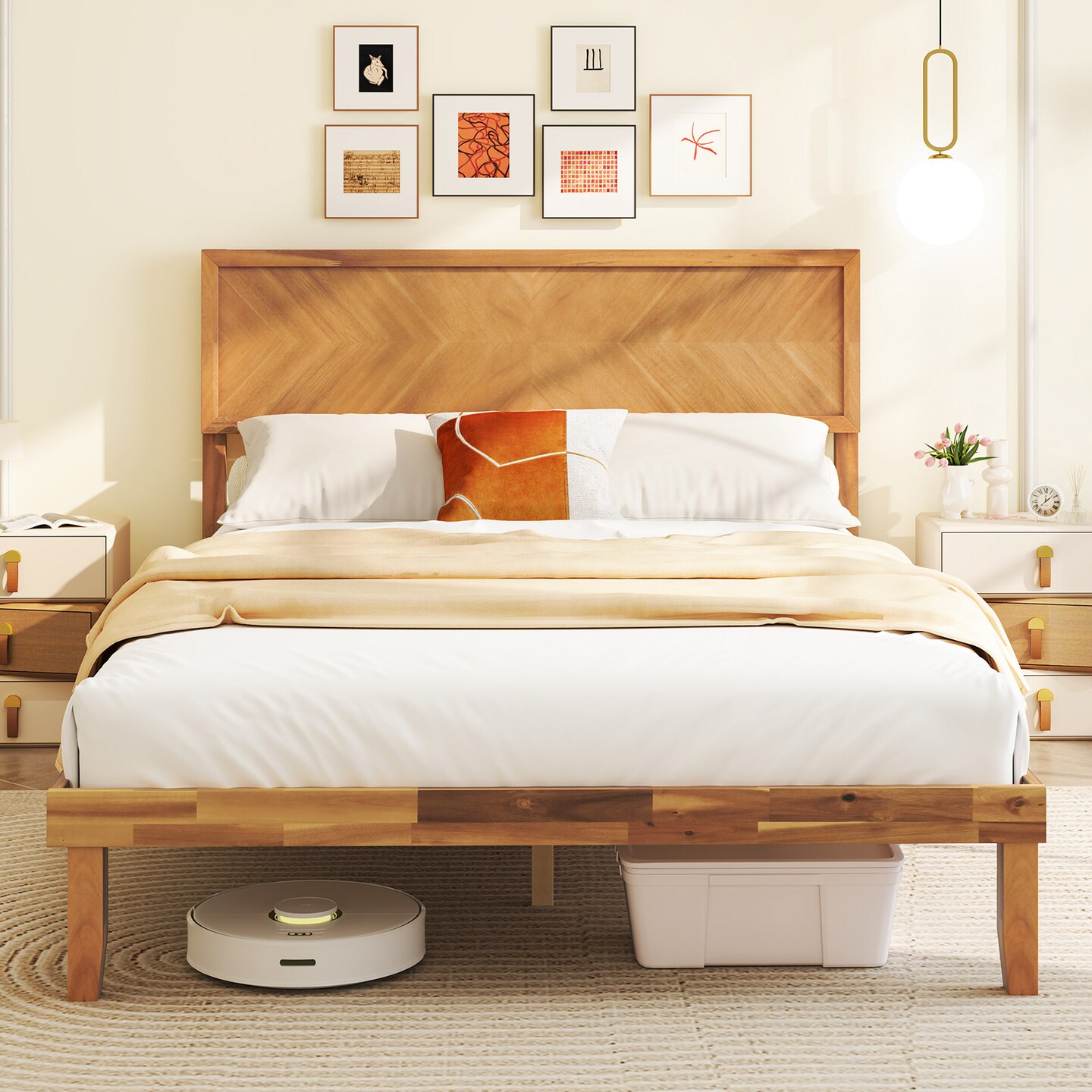 Rustic Golden Brown Acacia Wood MDF Platform Bed Frame with Headboard and Under-Bed Storage