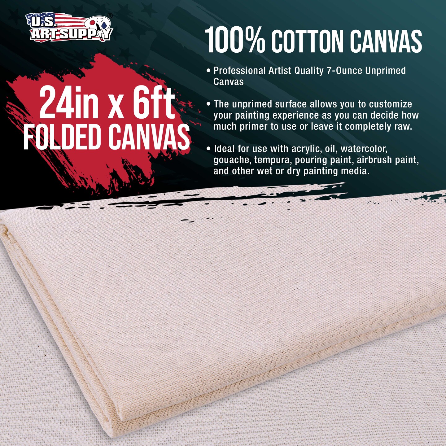 U.S. Art Supply 7-Ounce Unprimed 24&#x22; Wide x 2 Yards (6 Feet) Long Unstretched Canvas Roll - 100% Cotton, Woven - Oil &#x26; Acrylic Painting, Murals