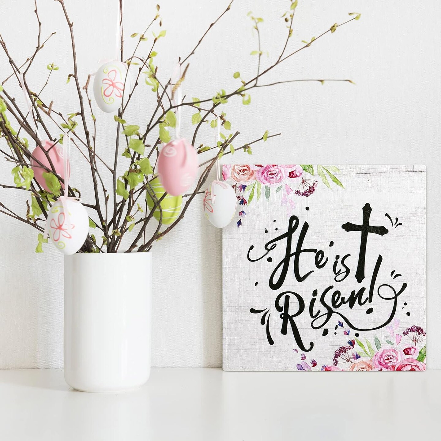 3 Pieces Easter Christian Table Decorations Signs He Is Risen Decor Wooden Inspirational Tiered Tray Block Signs Easter Spring Table Centerpieces He Lives Tabletop Decor for Holidays