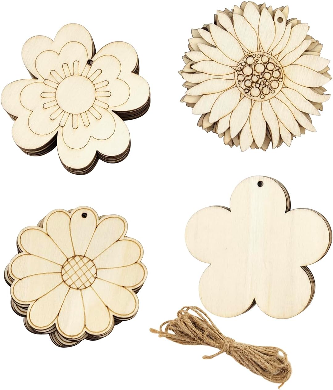 32 Pack Wood Flower Cutouts Unfinished Wooden Flower Hanging Ornaments DIY Flower Craft Gift Tags for Thanksgiving Christmas Home Party Decoration Craft Project