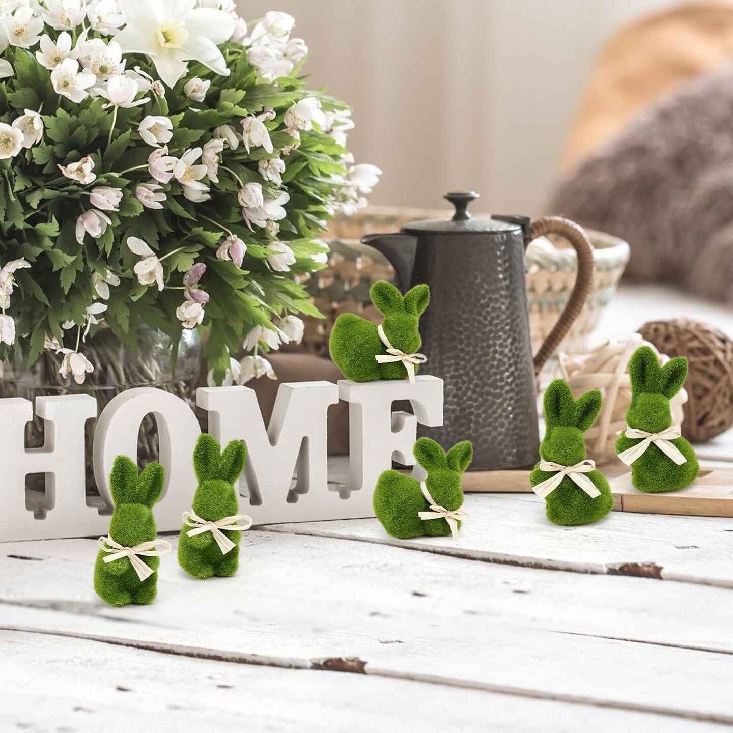 Set of 6 Moss Easter Bunnies – 5” Artificial Rabbit Figurines for Spring & Holiday Decor