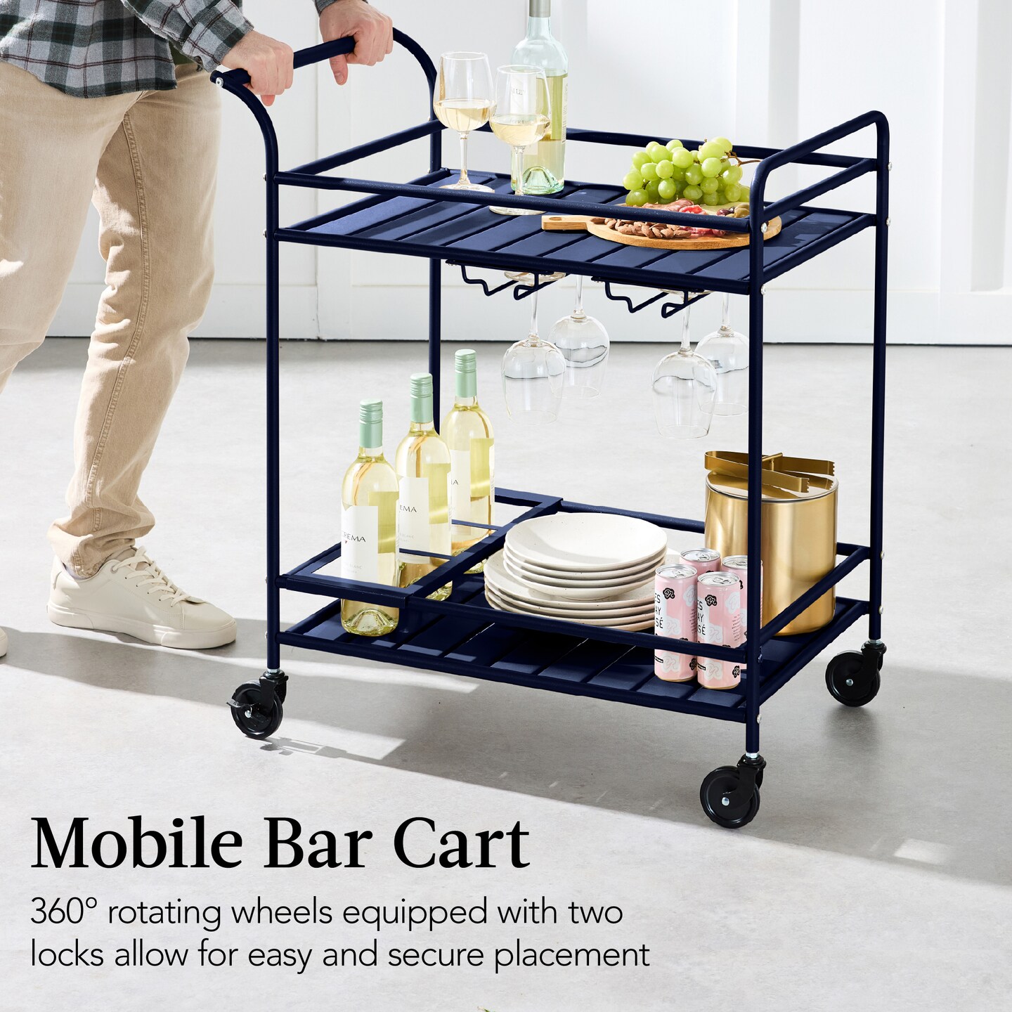 Best Choice Products 2-Tier Rolling Bar Cart Indoor/Outdoor w/ Storage Shelves, Wine Rack, Lockable Wheels