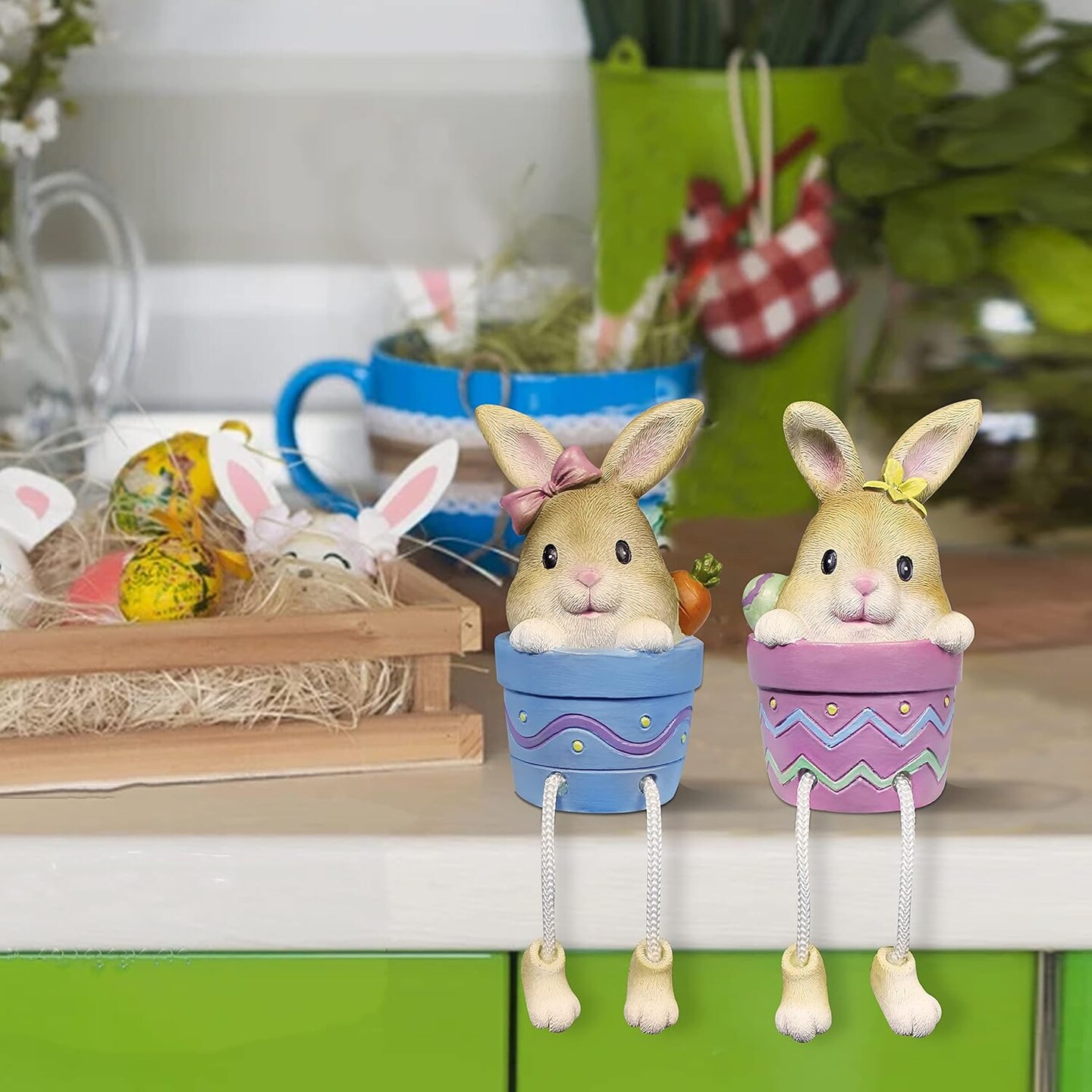 Home Easter Bunny Figurine, Set of 2 Resin Pot Bunny Shelf Sitters with Dangling Legs, Cute Modern Easter Statue Tabletop Sculpture Centerpieces Decorations