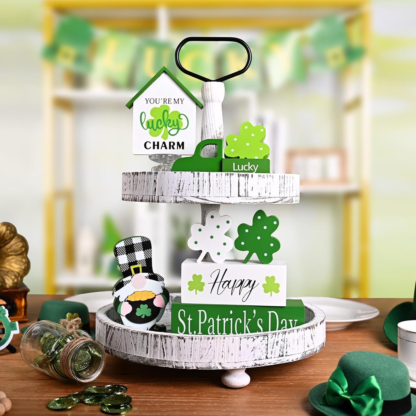 St Patricks Day Decorations, Green Truck Shamrock Decorations with Gnome Wooden Block Sign