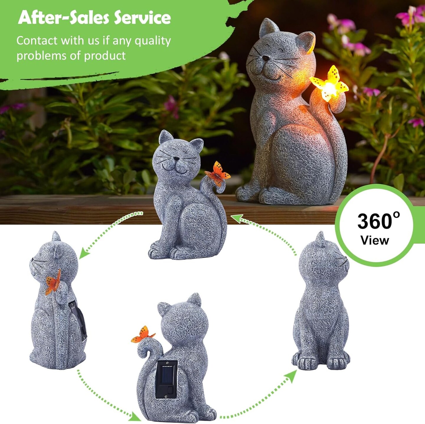 Solar Cat Garden Statue with Butterfly – Outdoor Yard Lawn Patio Decor