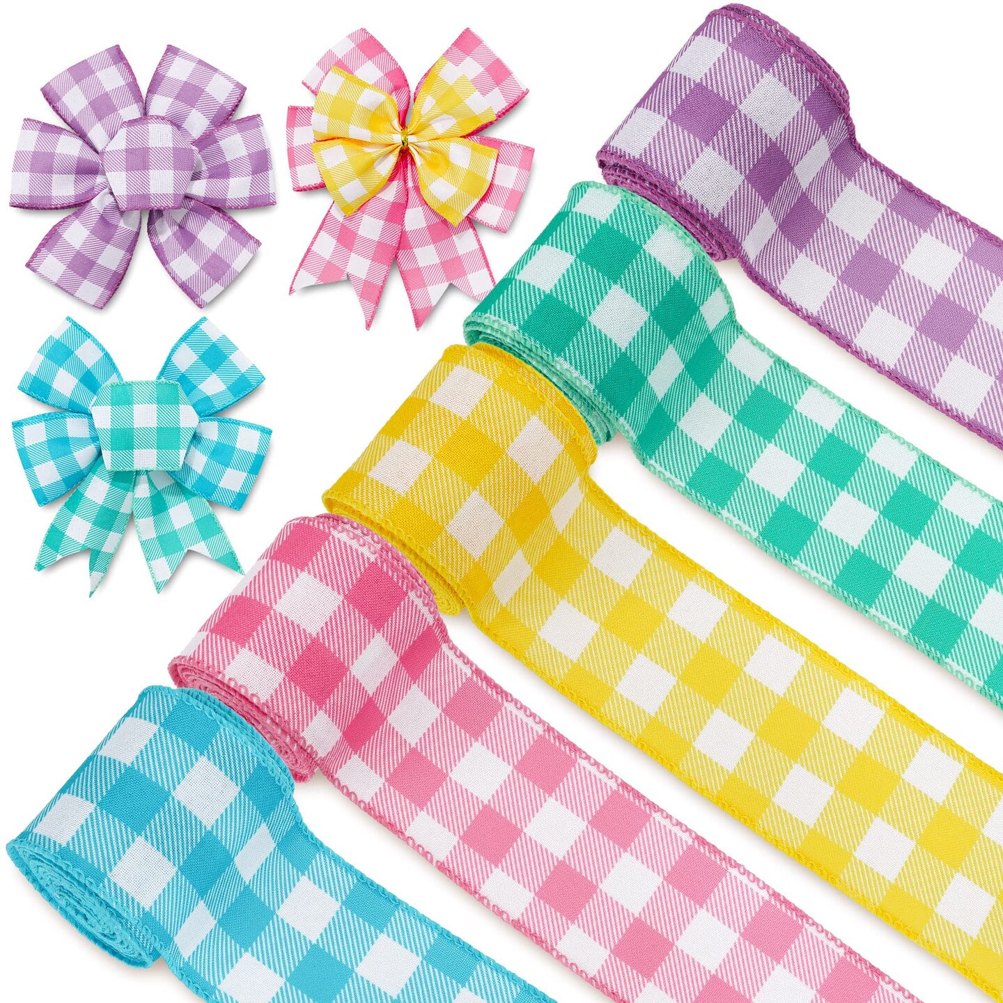 Colored Wired Edge Ribbon 30 Yards Spring Pastel Gingham Patterned Ribbon Colorful Buffalo Plaids Craft Fabric Ribbon for Gift Wreath Bow Making DIY Crafts Wrapping Supplies, 5 Rolls