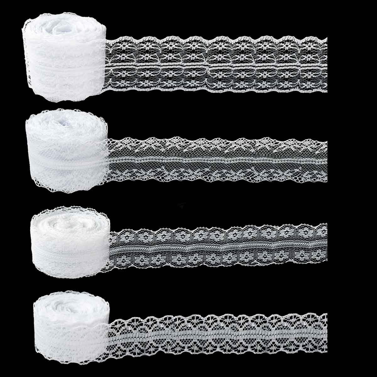 40 Yards White Lace Ribbon Gift Wrapping Wedding Lace Ribbon Dress Decoration Sewing Crafts Lace Crochet Ribbon Vintage Cotton Lace Rolls Lace Trim Scalloped Edge for Bridal Christmas Supply (4 Style)