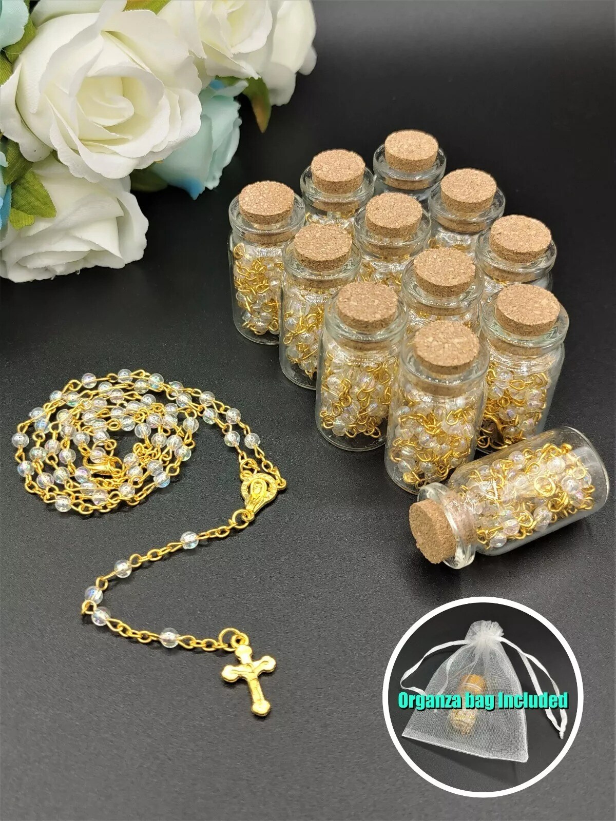 12 Gold Clear Rosary Crucifix Wishing Bottle Baby Shower Baptism Party Favor