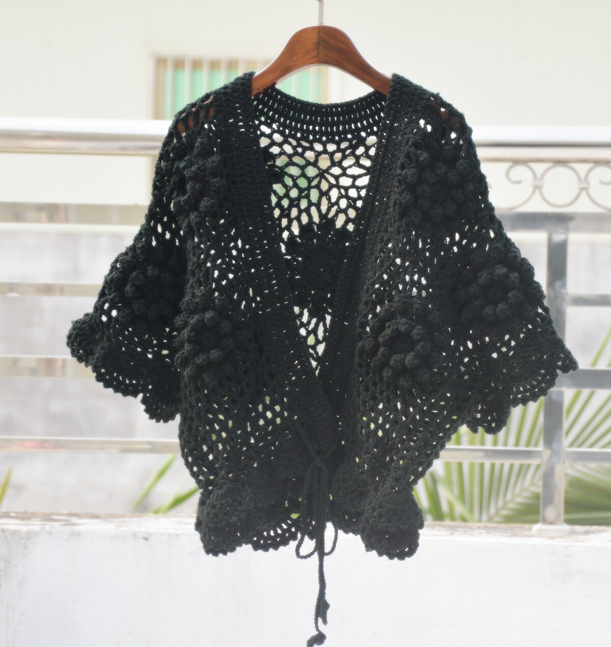 Womens Long Black Crochet Cardigan Crochet Short Sleeve Cardigan