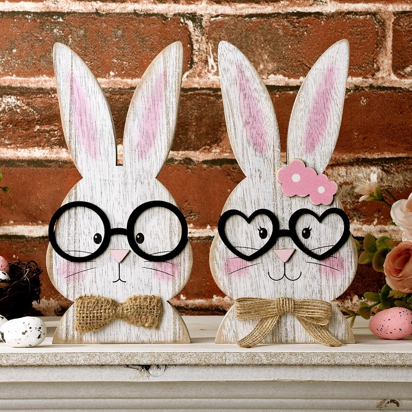 Rustic Wooden Bunny Couple Easter Decorations – Farmhouse Happy Easter Table Centerpiece, White Rabbit with Glasses, Home & Office Decor, Cute Easter Gift