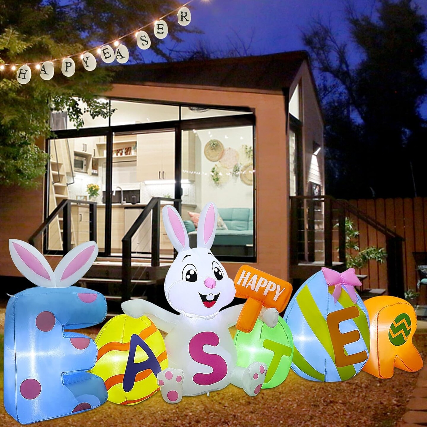 8FT L Easter Inflatable Yard Decoration, Lighted Blow Up Bunny Sitting with Easter Eggs, Light Up Air Blown Rabbit Happy Easter for Spring Holiday Lawn Garden Indoor Outdoor Decors