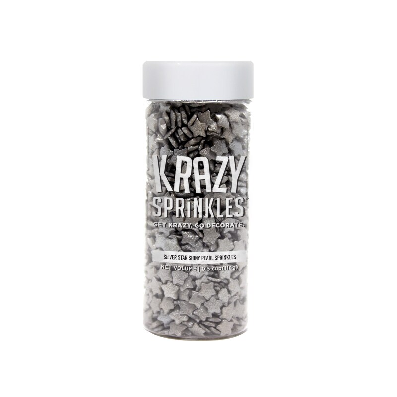 Krazy Sprinkles - Shiny Silver Pearl Stars (1/2 Cup 1x Jar)