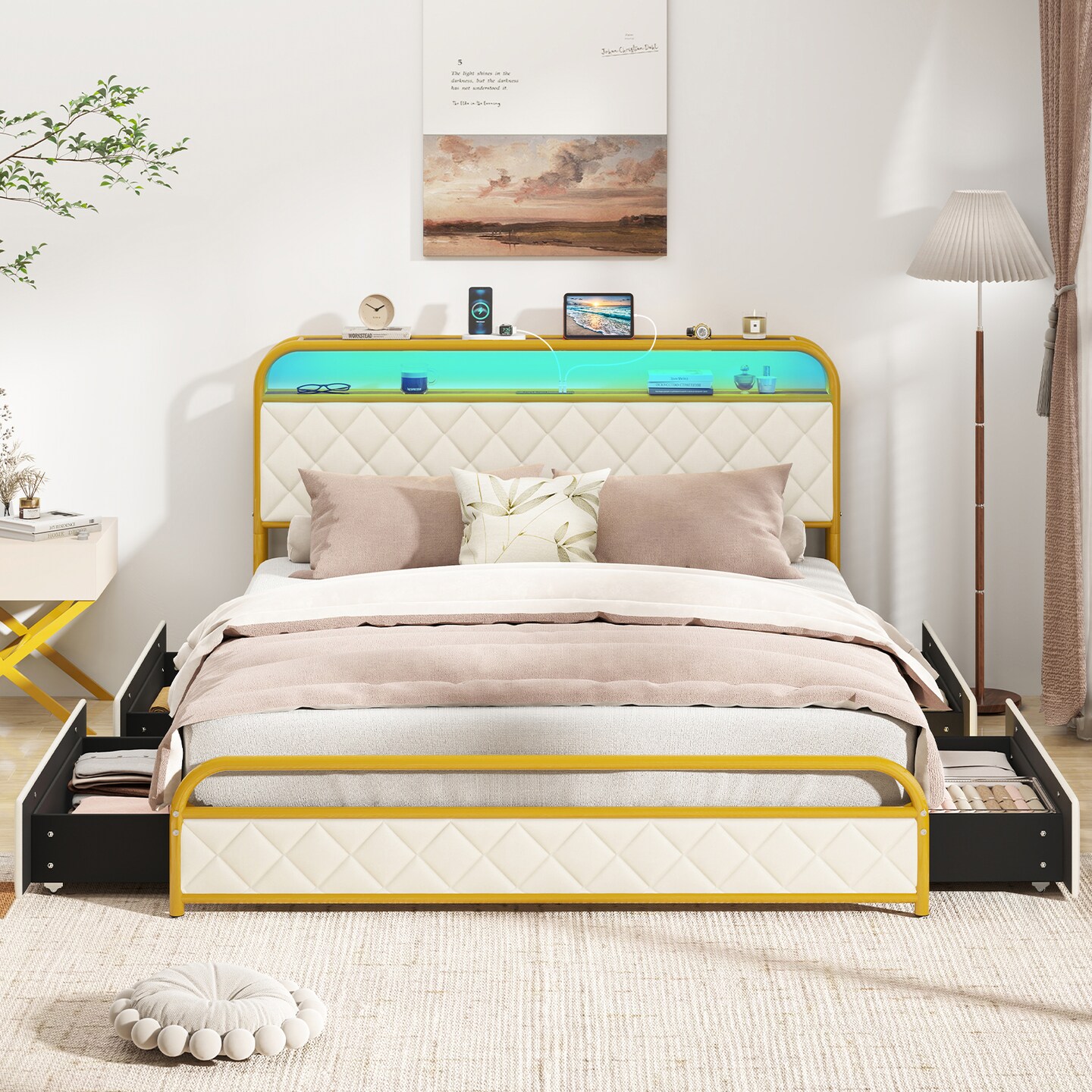 Bed Frame with LED Lights and Charging Station Gold