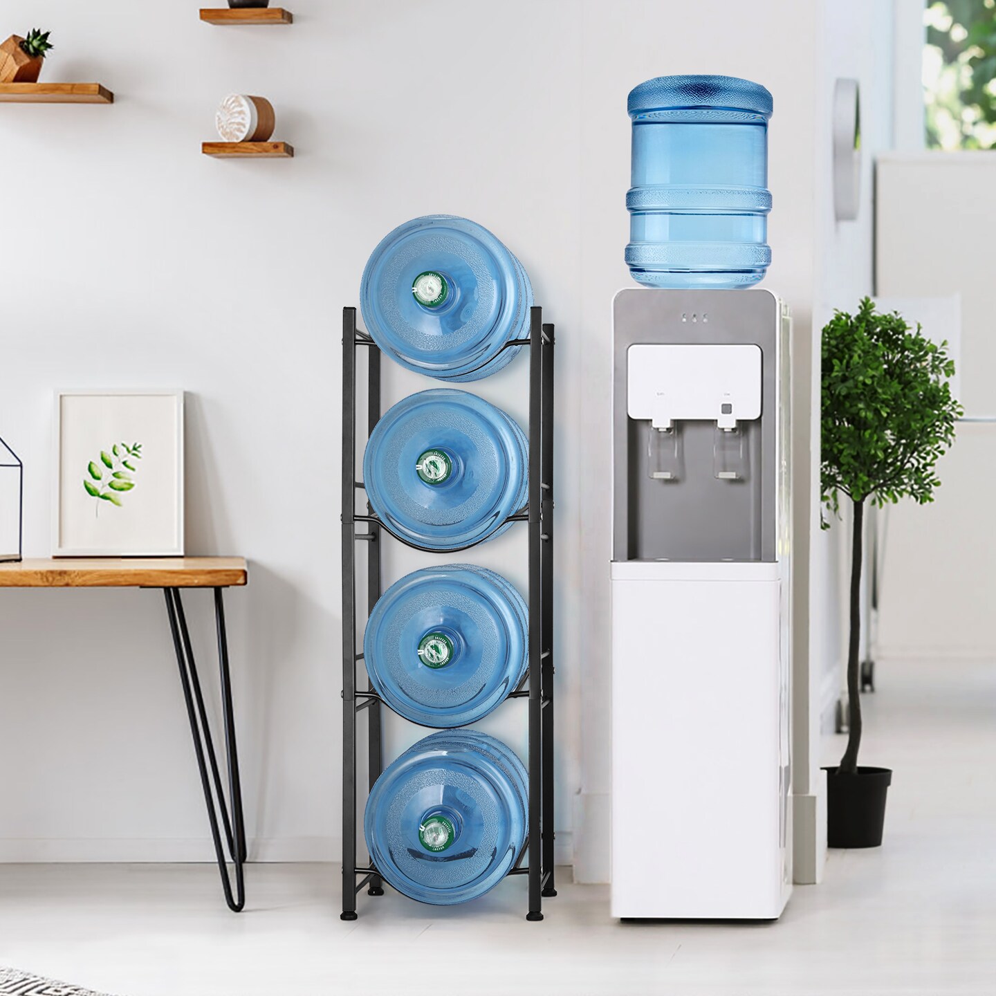 4-Tier Water Jug Rack, 5 Gallon Detachable Water Bottle Holder for Kitchen, Office, Home, Black