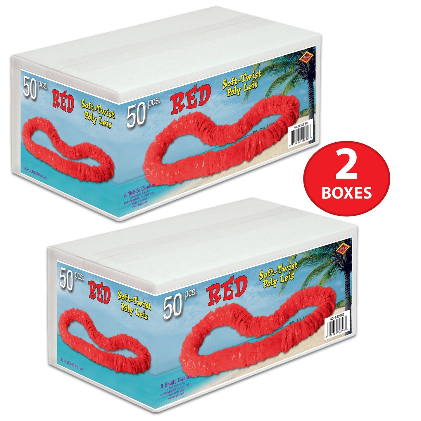 50 Pack Beistle Luau Red Party Soft-Twist Poly Leis with Labeled Box