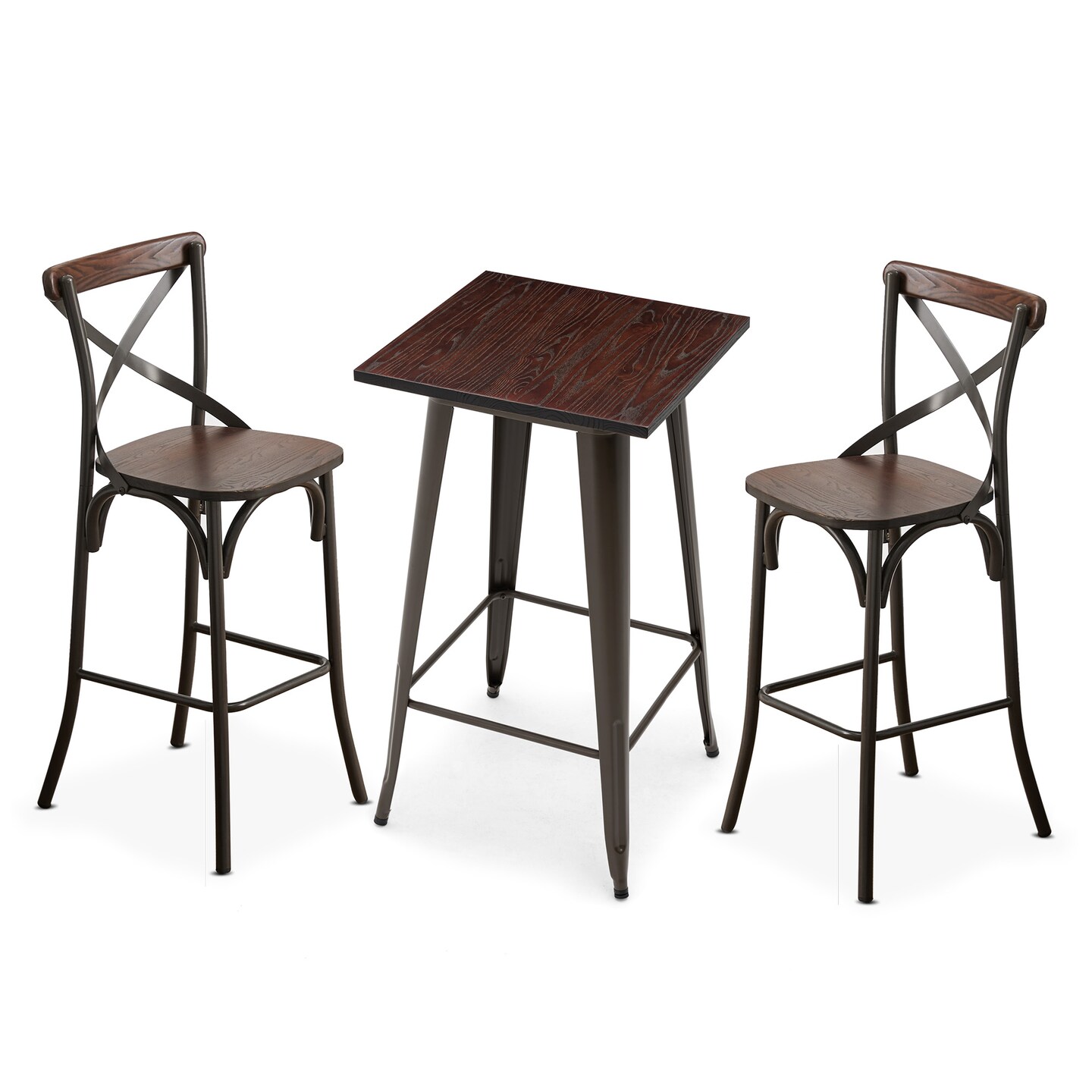 3 Piece Pub Table and Bar Chair Set - Steel Square Bar Table and Bar Chair Set