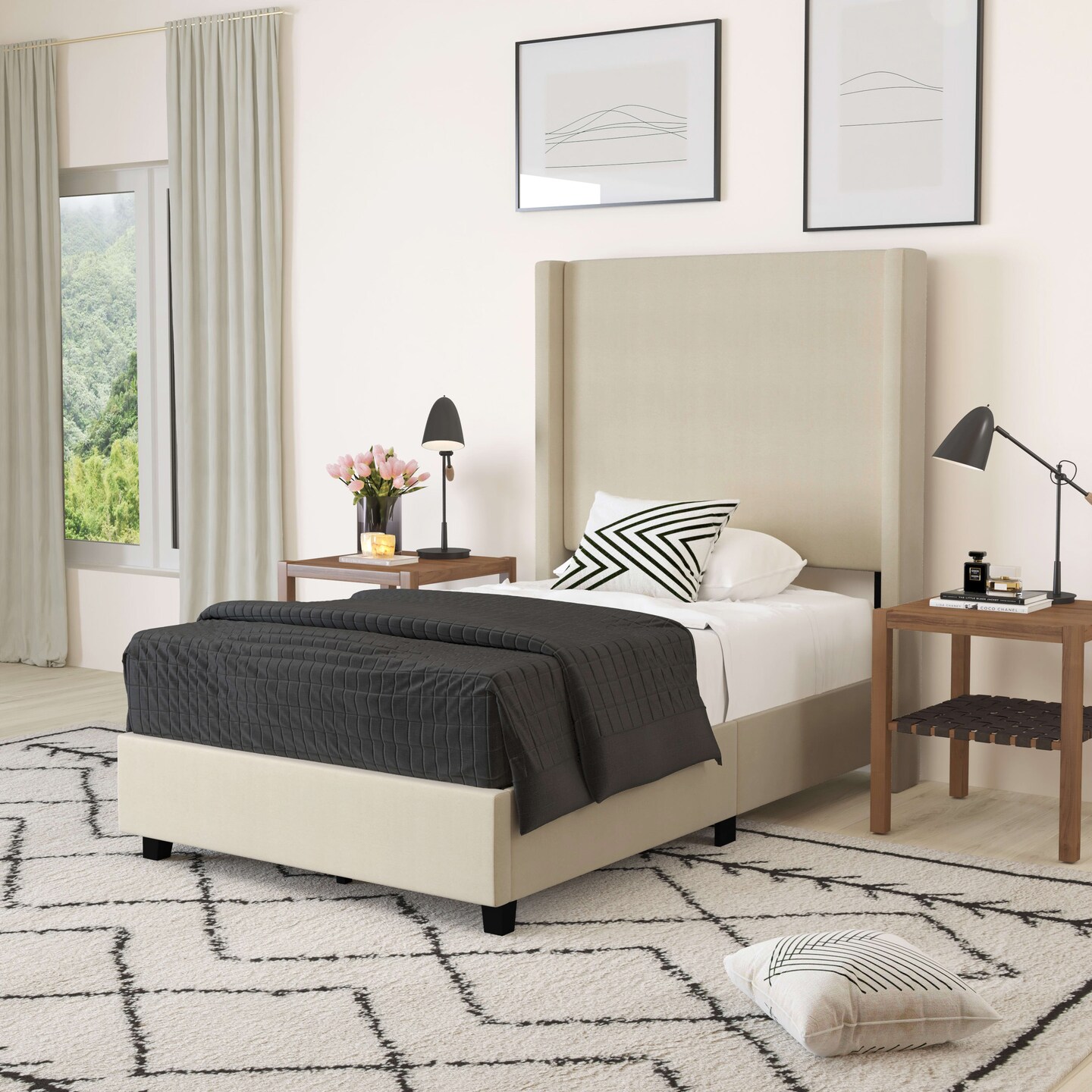 Merrick Lane Bramlett Modern Platform Bed - Gray Faux Linen - Queen - Padded Wingback Headboard - 6&#x22; Floor Clearance - Wood Support Slats - No Box Spring Needed