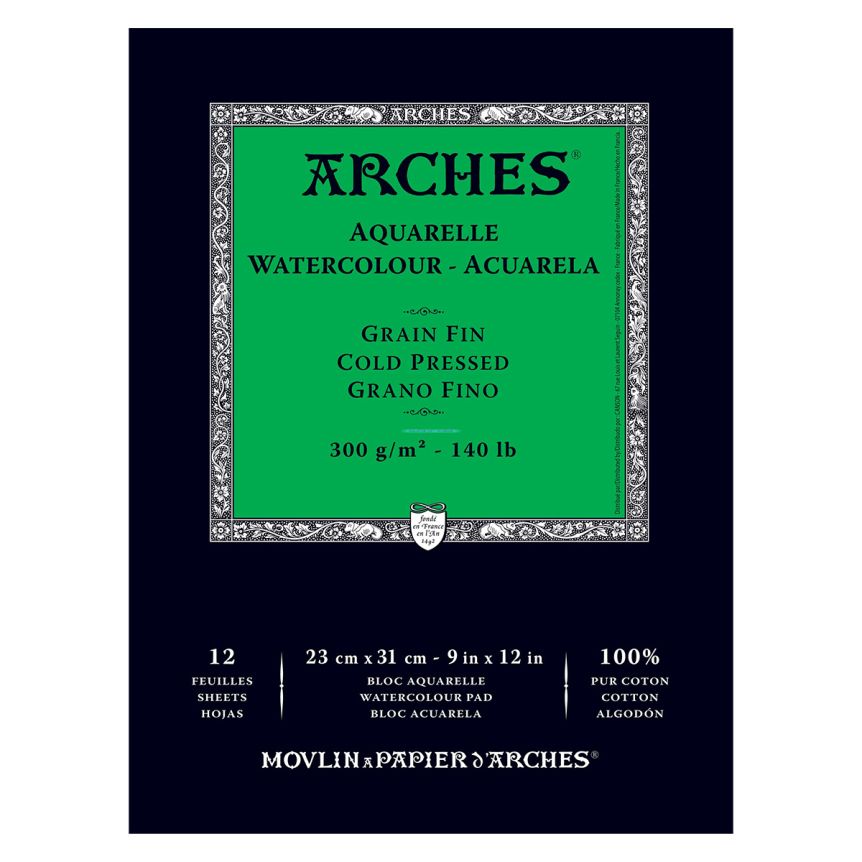 Arches Watercolor Paper 140 lb. Cold Press 12 Sheet Pad 9x12&#x22;