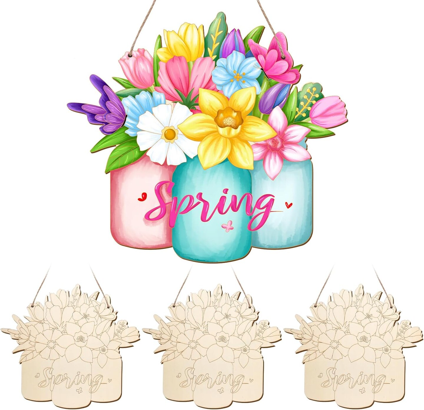 Paintable Spring Ornaments 3 Sets, Wooden Spring Ornaments to Paint, Unfinished Spring Flowers Wreaths Wood Crafts for Painting, Wood Cutouts DIY Ornaments for Kids Adults Door Decor (Spring