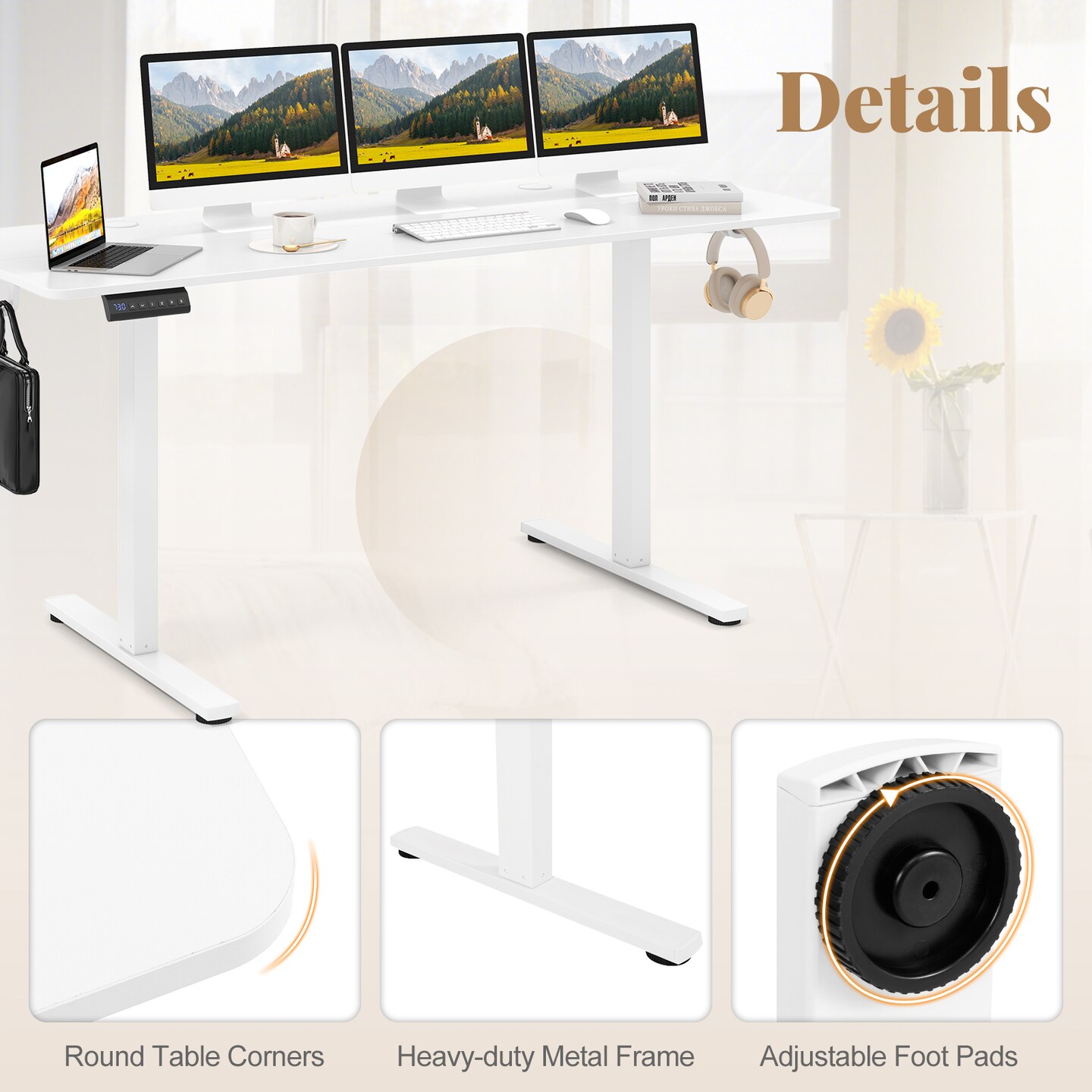 White Electric Standing Desk with 3 Memory Heights and 2 Hanging Hooks and Cable Holes