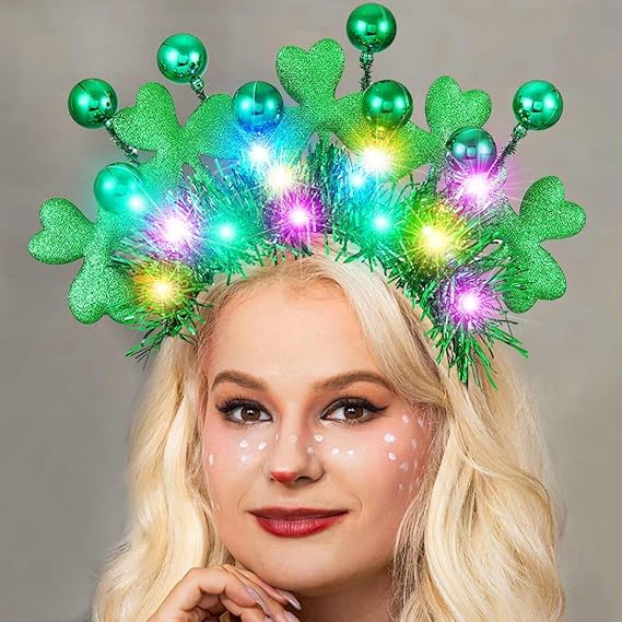 St Patrick&#x27;s Day Headband Light Up Green Shamrock Hair Band Ball Irish Headwear Costume Accessories for Women and Girls