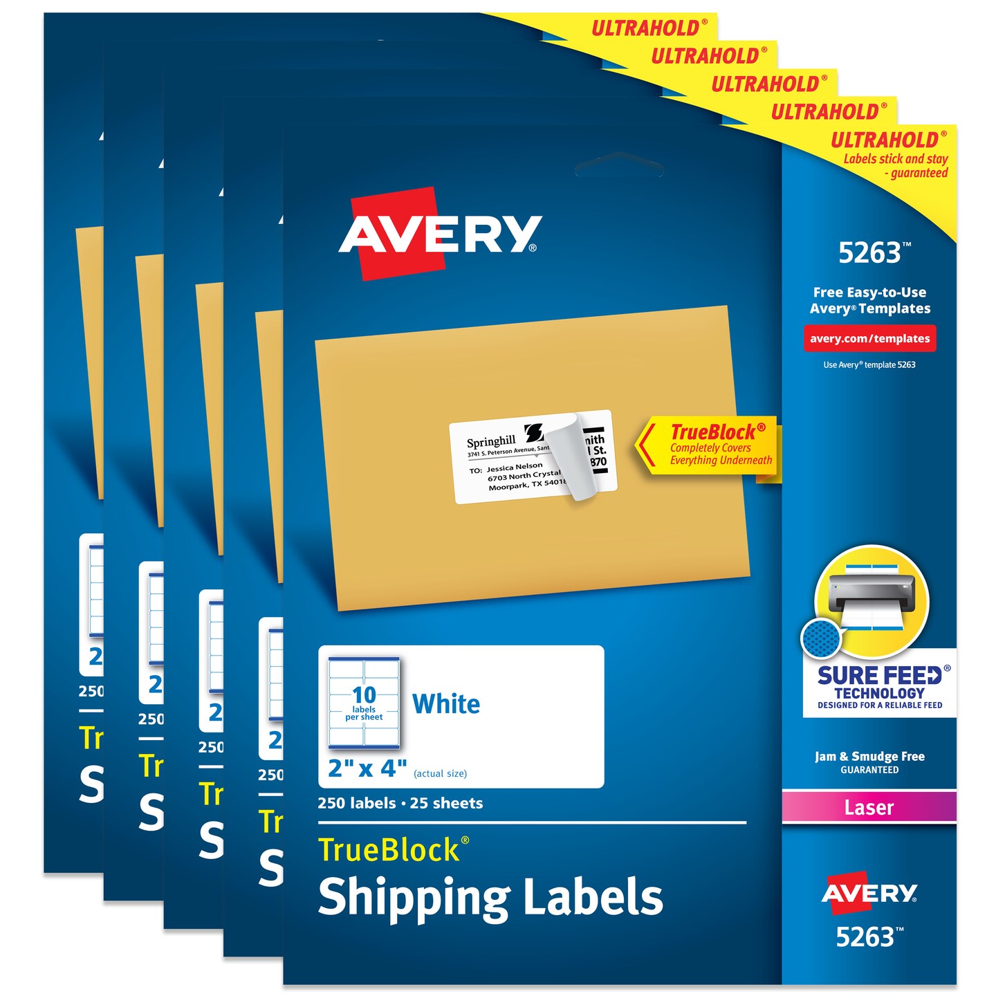 Avery Printable Shipping Labels with Sure Feed, 2" x 4" Customizable Stickers, White, 250 Blank Mailing Labels, Great for Mailing, Shipping, and More (5263) - 5 Pack