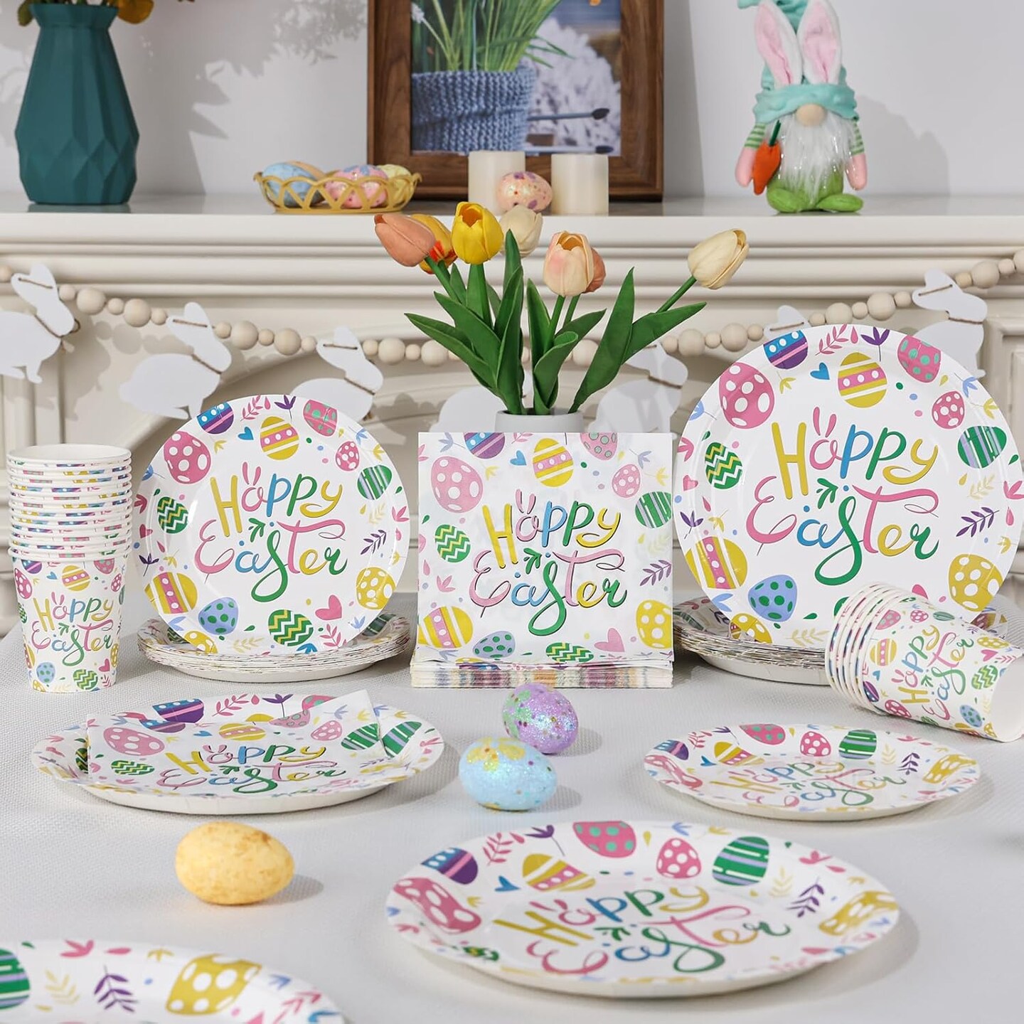 Easter Party Decorations Set for 24-Disposable Paper Plates and Napkins, Cups Tableware Happy Easter Eggs Bunny Party Supplies Decorations for Easter Party Supplies Table Decor