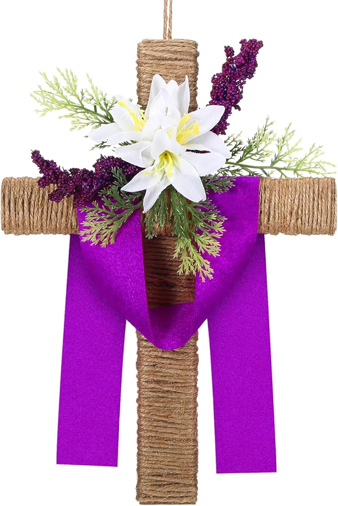 Easter Front Door Wreath Cross Easter Wreath Wood Artificial Hanger Wall Wreaths Christian Lily Flowers Signs Door Decorations for Home Porch Spring Farmhouse Party Decor