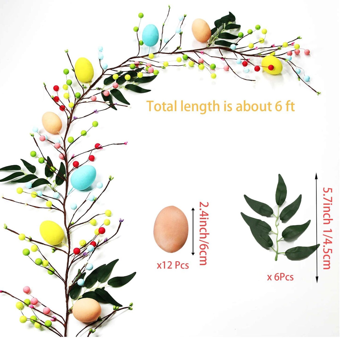6FT Artificial Easter Egg Garland with Mixed Berry Garland with Lights Easter Decoration for Mantle Table Party