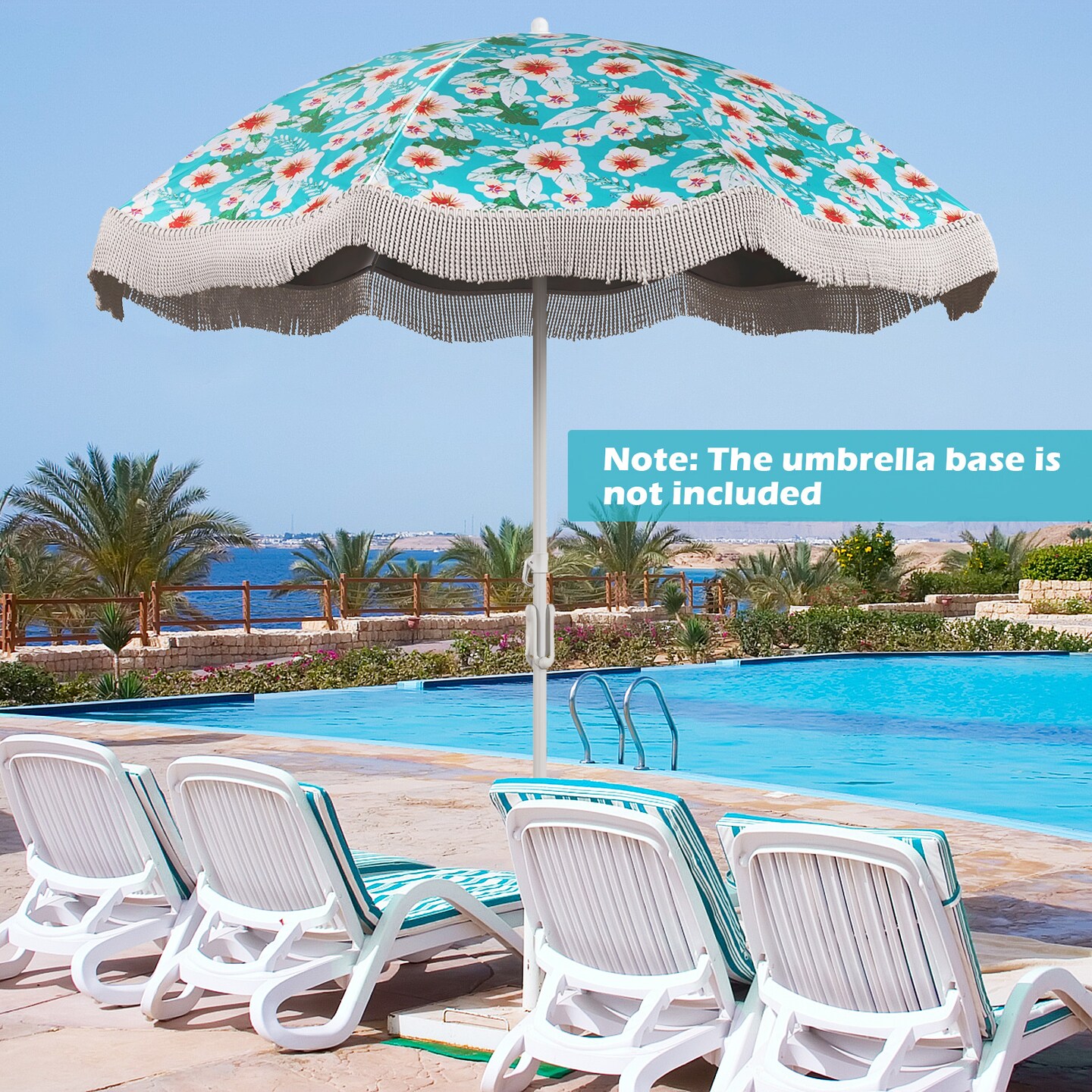 6.5 FT Beach Umbrella with Fringe, Outdoor Tassel Design, Push Button Tilt, UV Protection