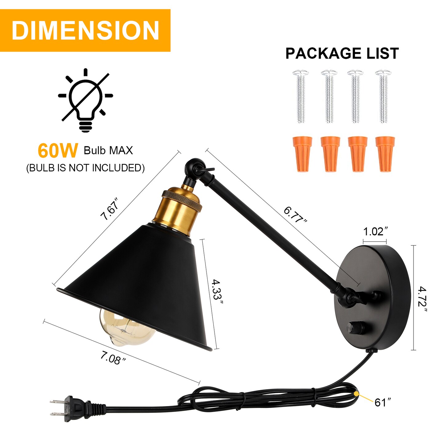 2pcs Adjustable 270 Degrees Dimmable Swing Arm Wall Sconce Hardwired Industrial Plug-In Vintage Lamp Suitable For Bedroom, Bedside, Living Room, Dormitory