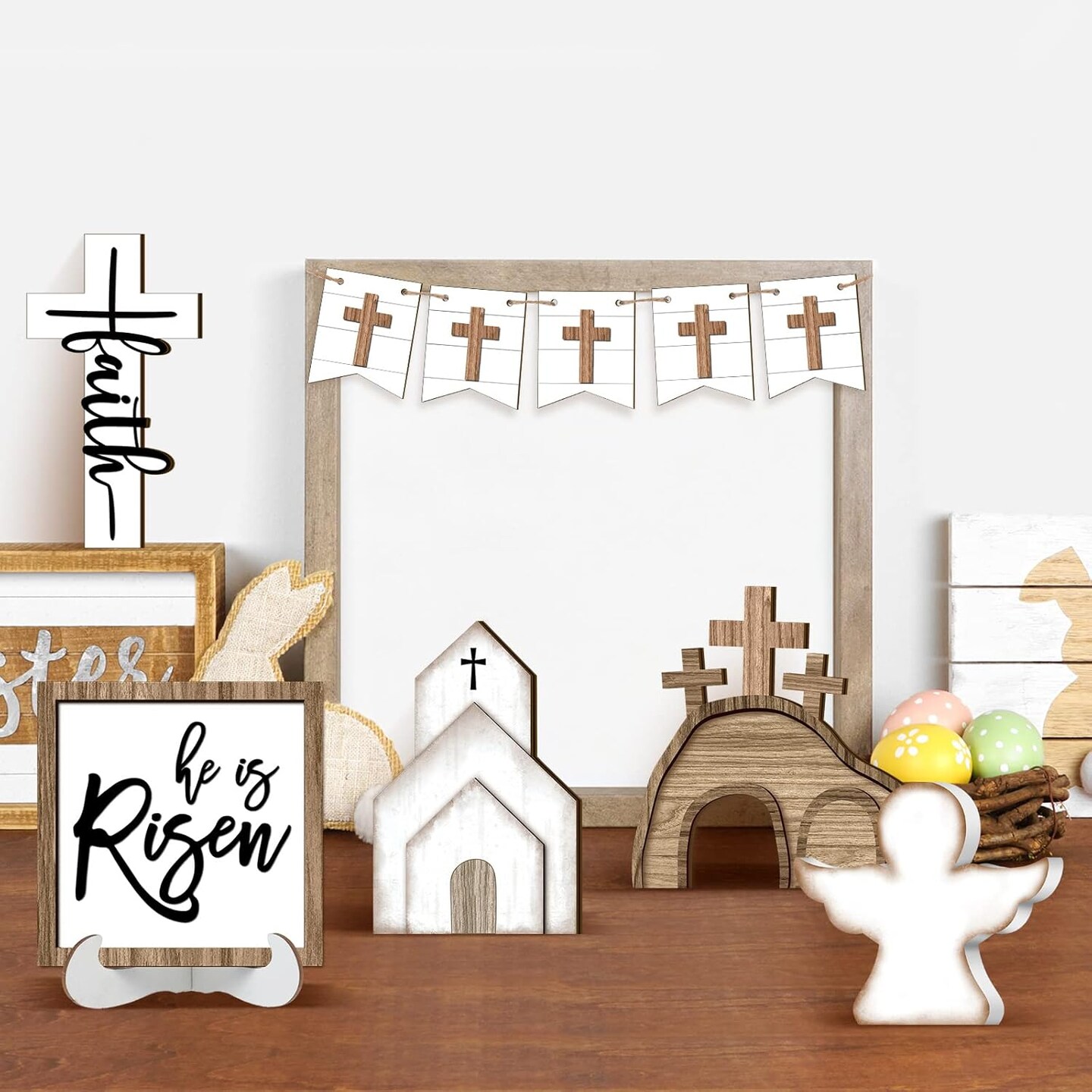 Easter Tiered Tray Decor Easter Table Wooden Sign Decorations He is Risen Cross