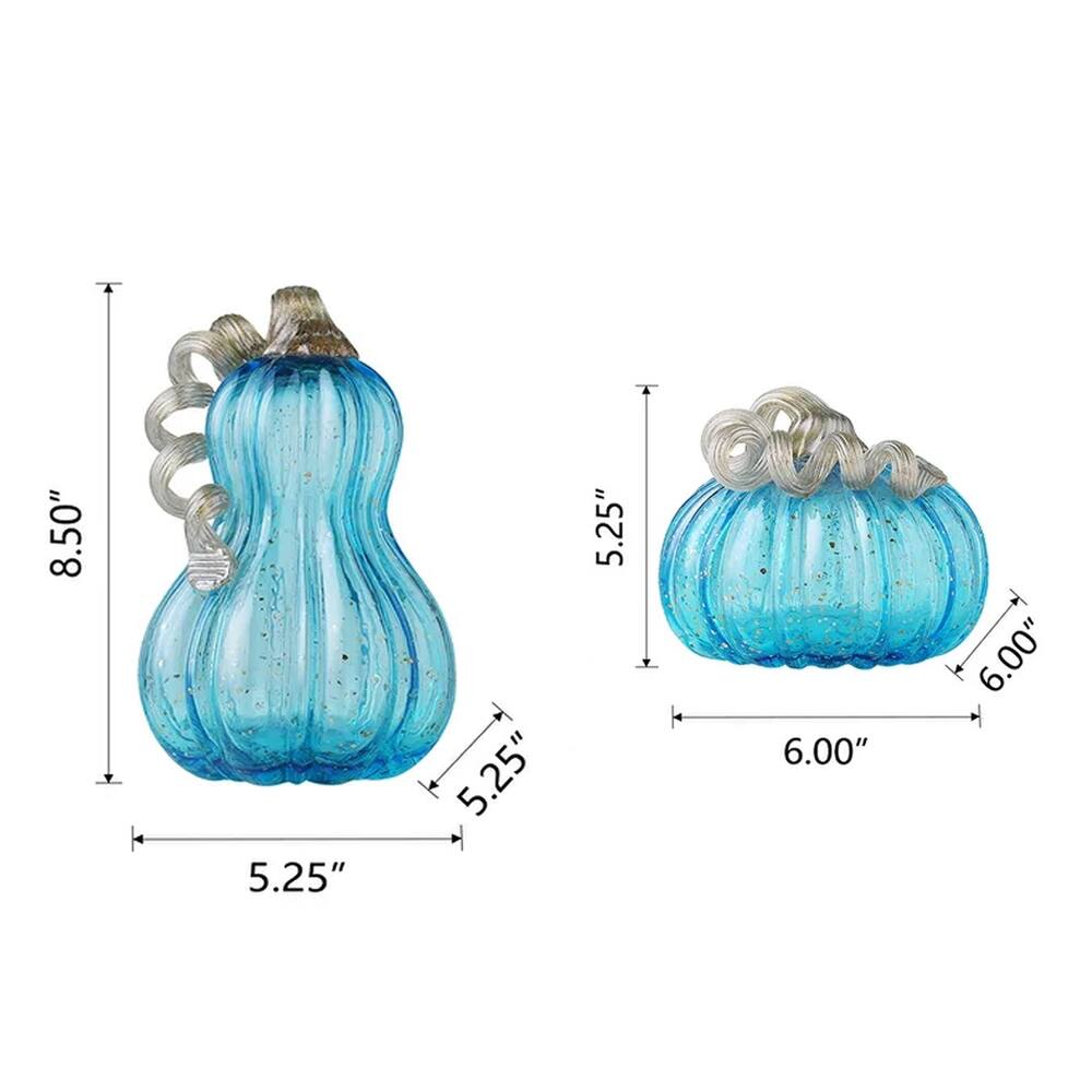 Set of 2 Blue Glass Pumpkin Fall Thanksgiving Table Decors