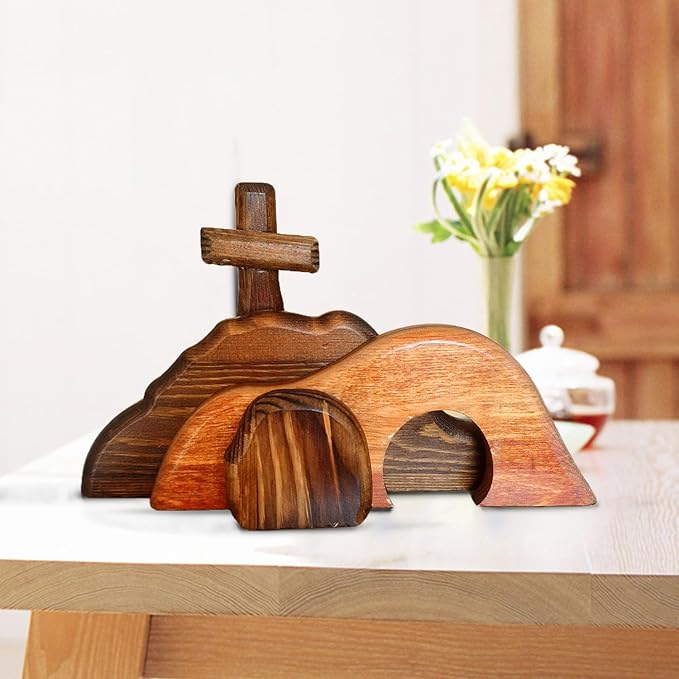 Easter Resurrection Scene Set, Jesus Tomb Easter Tray Set, for Religious Home Office Desktop, Cross Decoration Bundle Kit Sign Tiered Decorations (Wooden)