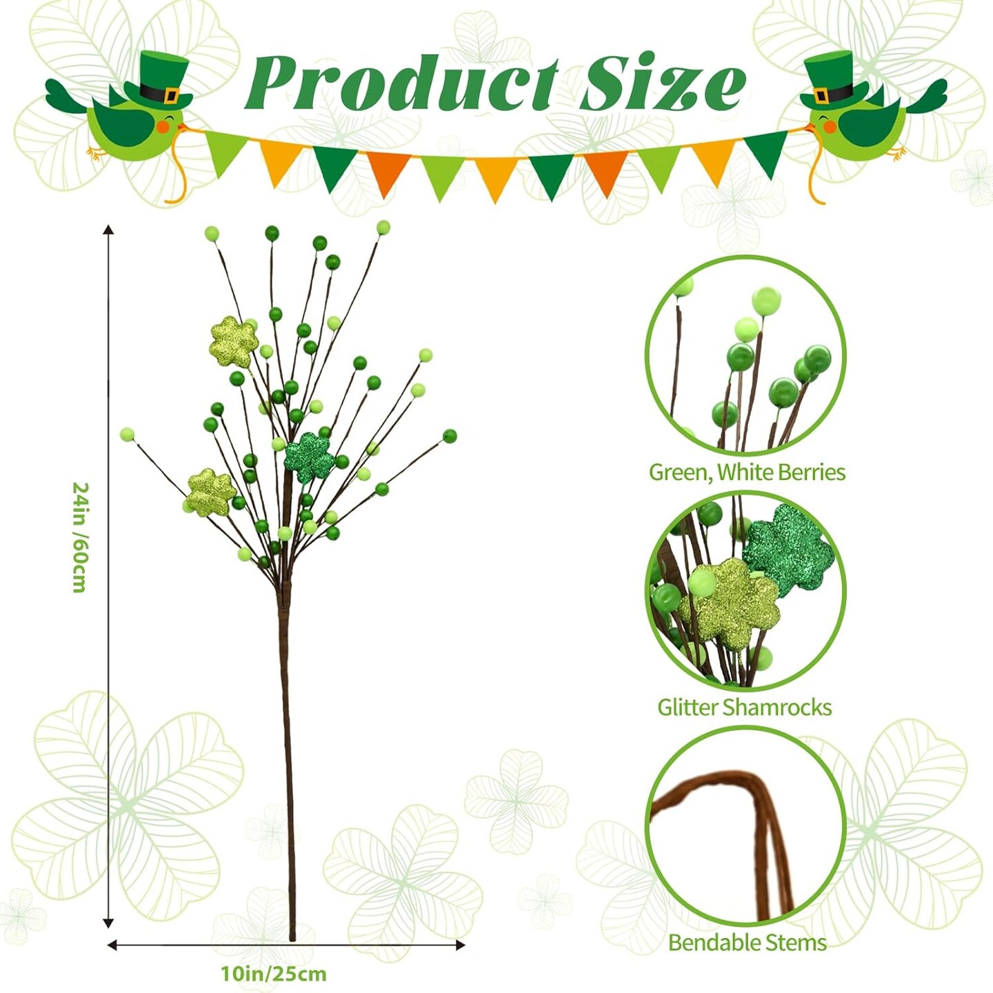 Berry Stems Decor, 24Inch Artificial Clover Stems for St. Patrick&#x27;s Day Decorations
