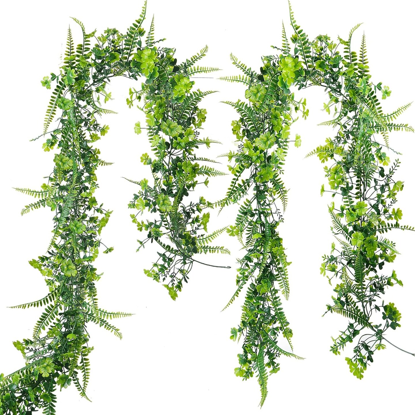 2 Pack 11.5Ft St Patricks Day Garland Shamrock Clover Plants Faux Greenery Garland with Fern Artificial Ivy Vines Garland for Spring Home Indoor Outdoor Wall Garden Front Door Decor