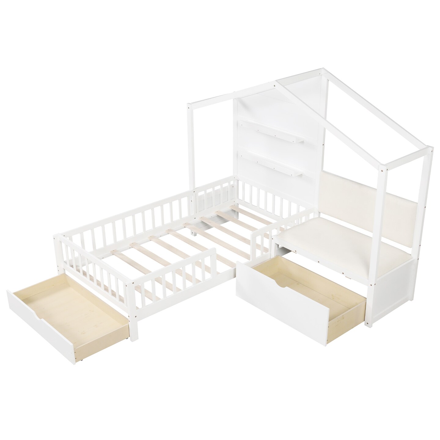 Twin Size House Bed Kids Platform Bed with Padded Bench-White