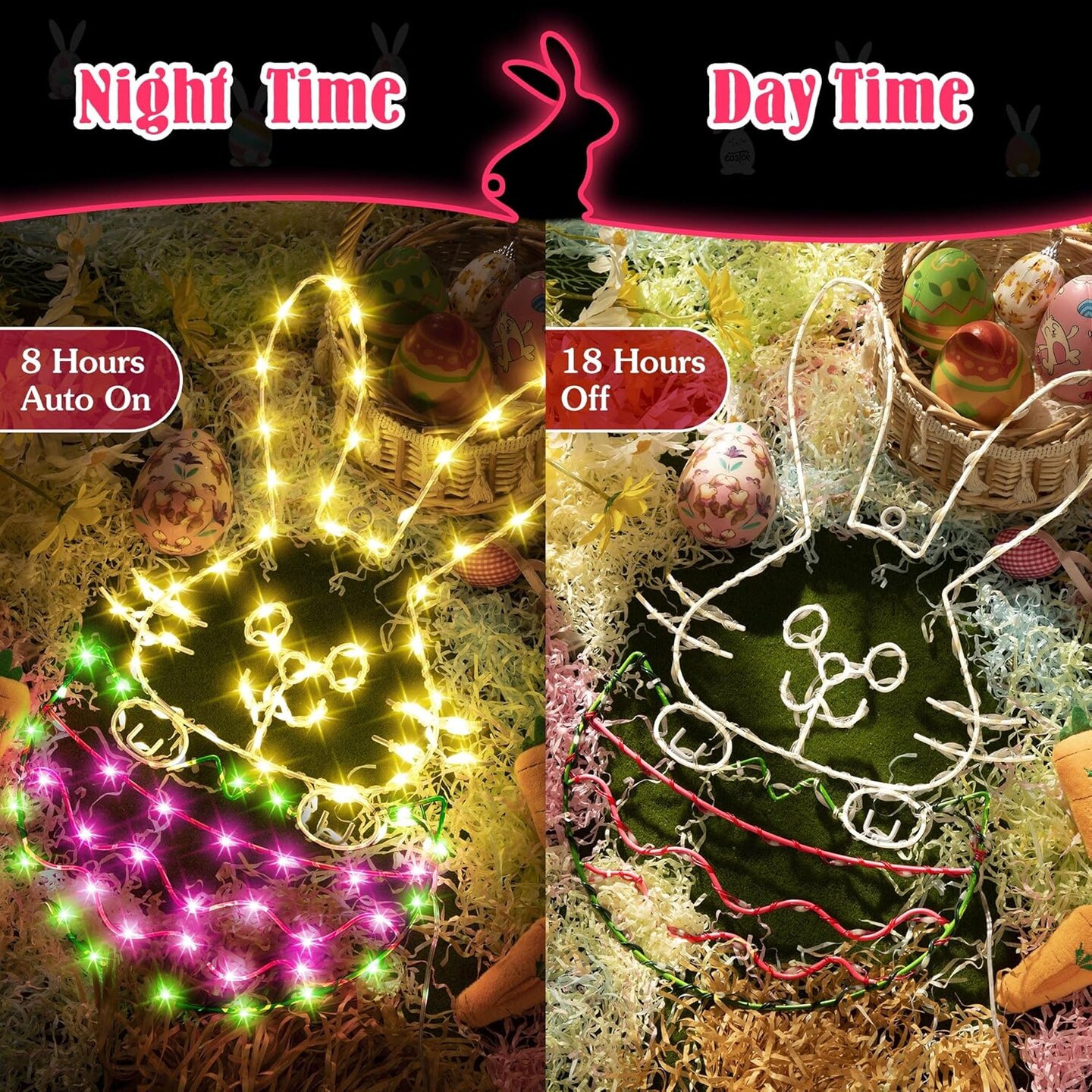 16&#x22; Easter Egg Bunny Window Lights, Easter Silhouette Light Decorations with 8 Lighting Modes Remote Control (AAA Battery) for Outdoor Indoor Easter Party, USB Plug Powered Lighting Decor
