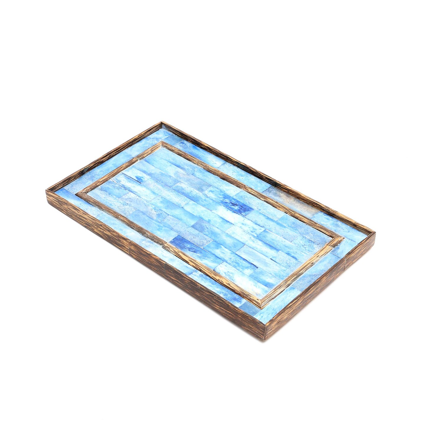 Decorative Tray | Bone Dyed & Wood Blue Tray | 12x7.25x0.75" | Elegant Serving Tray